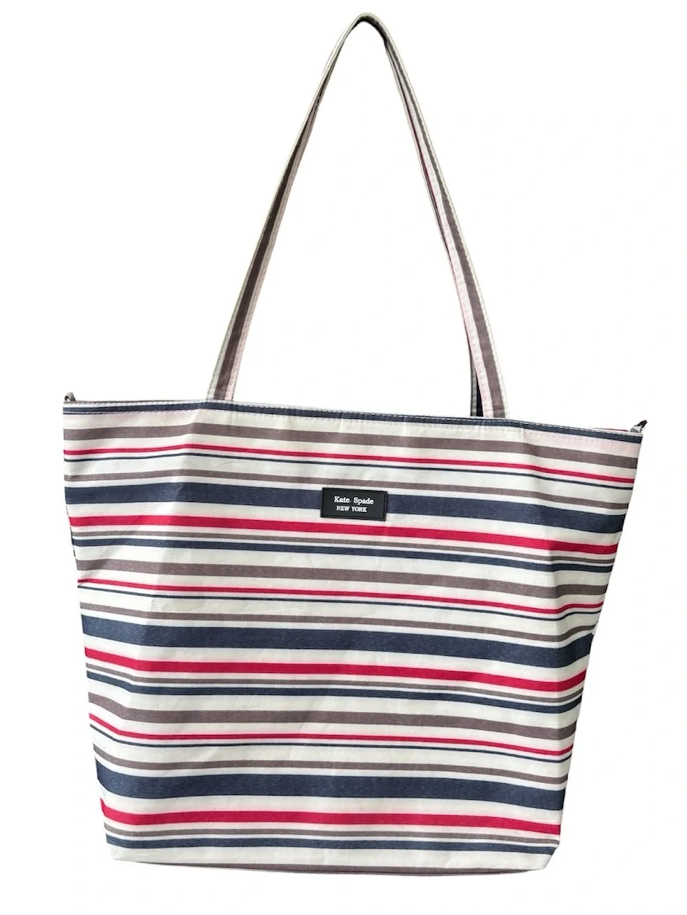Kate Spade Striped Shoulder Bag Tote Tan Red Navy Travel Nautical Coastal Luxury